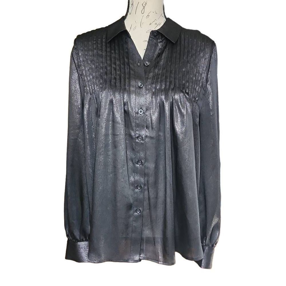 Express Ladies Size Large Shimmery Black Button Down Peasant Blouse